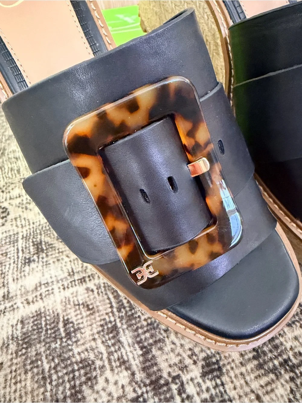 Sam Edelman, Livi Black Leather platform slides with large tortoise shell buckle